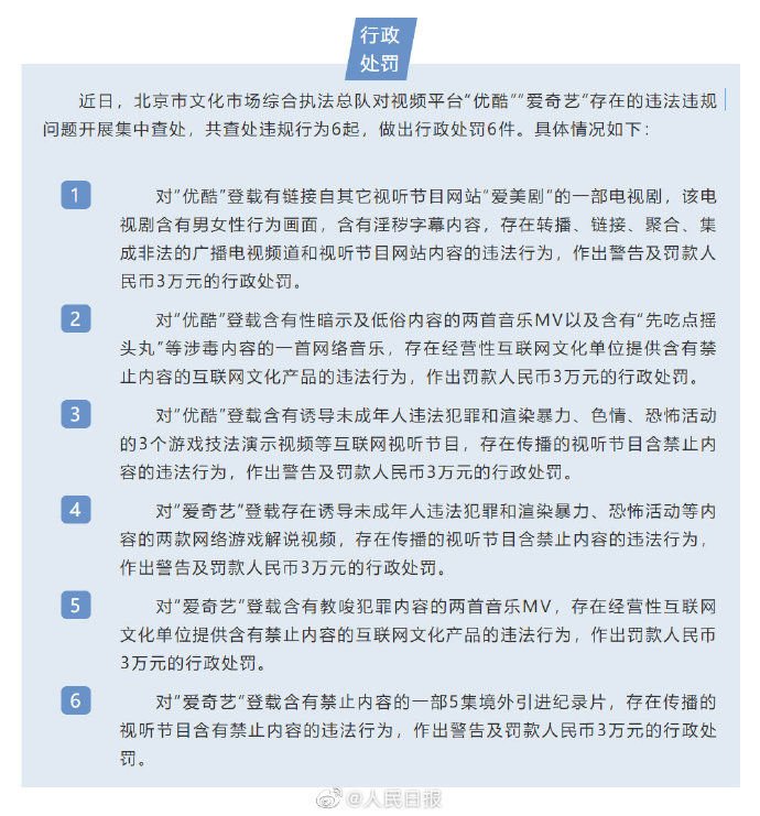 優(yōu)酷、愛奇藝違法違規(guī)被罰