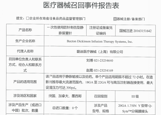 碧迪醫(yī)療召回靜脈留置針 可能存在“鈍針”情況