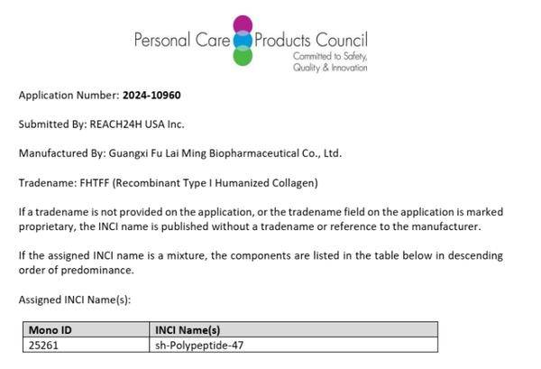 國(guó)際化妝品原料目錄增加新成員，福萊明生物創(chuàng)新膠原蛋白FHTFF獲國(guó)際INCI命名